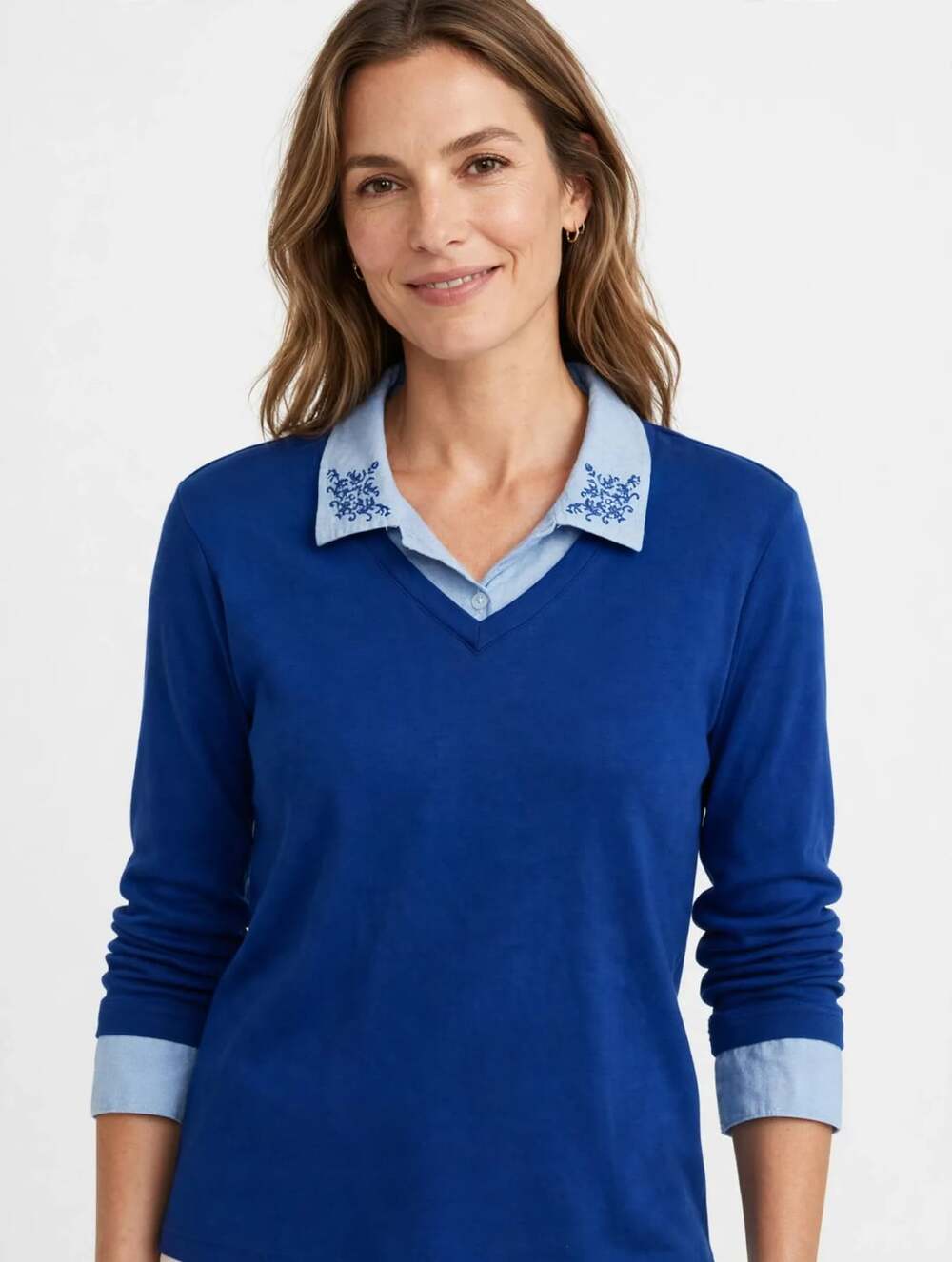 Blair Women's 3XL Blue V-Neck Top with Embroidered Collared Accent